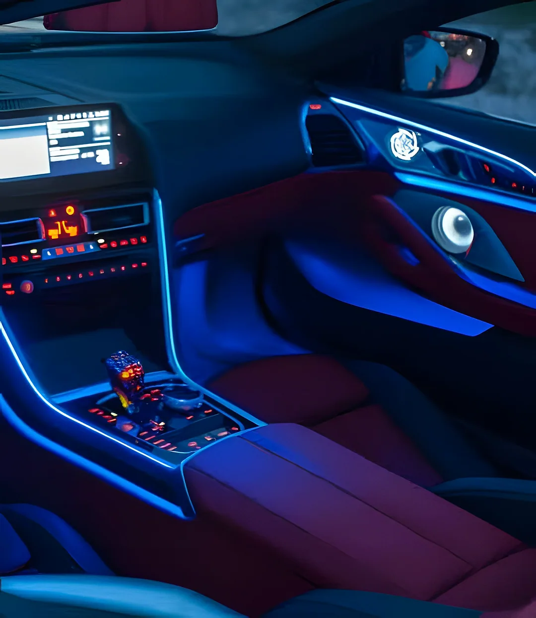 Blue ambient light along a car’s centre console and door trim at night