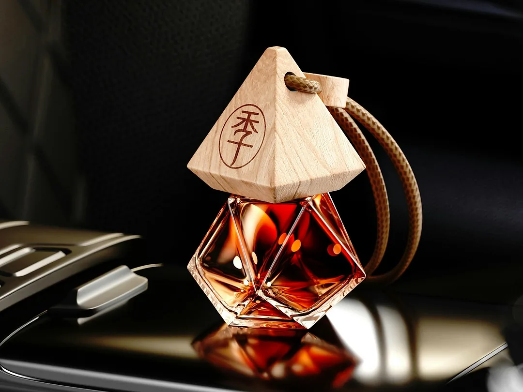 A glass car perfume bottle with liquid inside